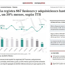 Espaa registra 867 fusiones y adquisiciones hasta junio, un 30% menos, segn TTR